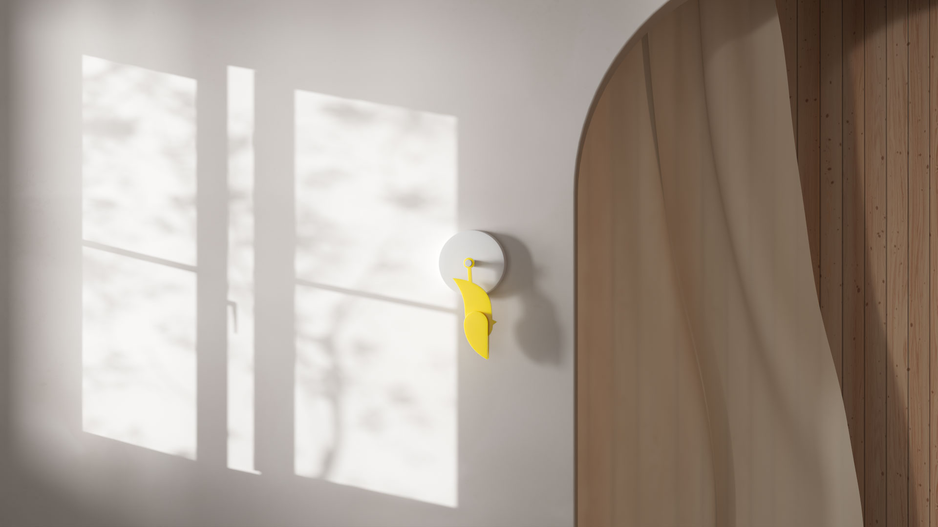 A modern minimalist clock from Copenhagen with yellow pendulum and hands hangs on a light wall. Sunlight and shadows from a window are cast on the wall, with a beige curtain and wood paneling on the right side. Frame from Stash Magazine article.