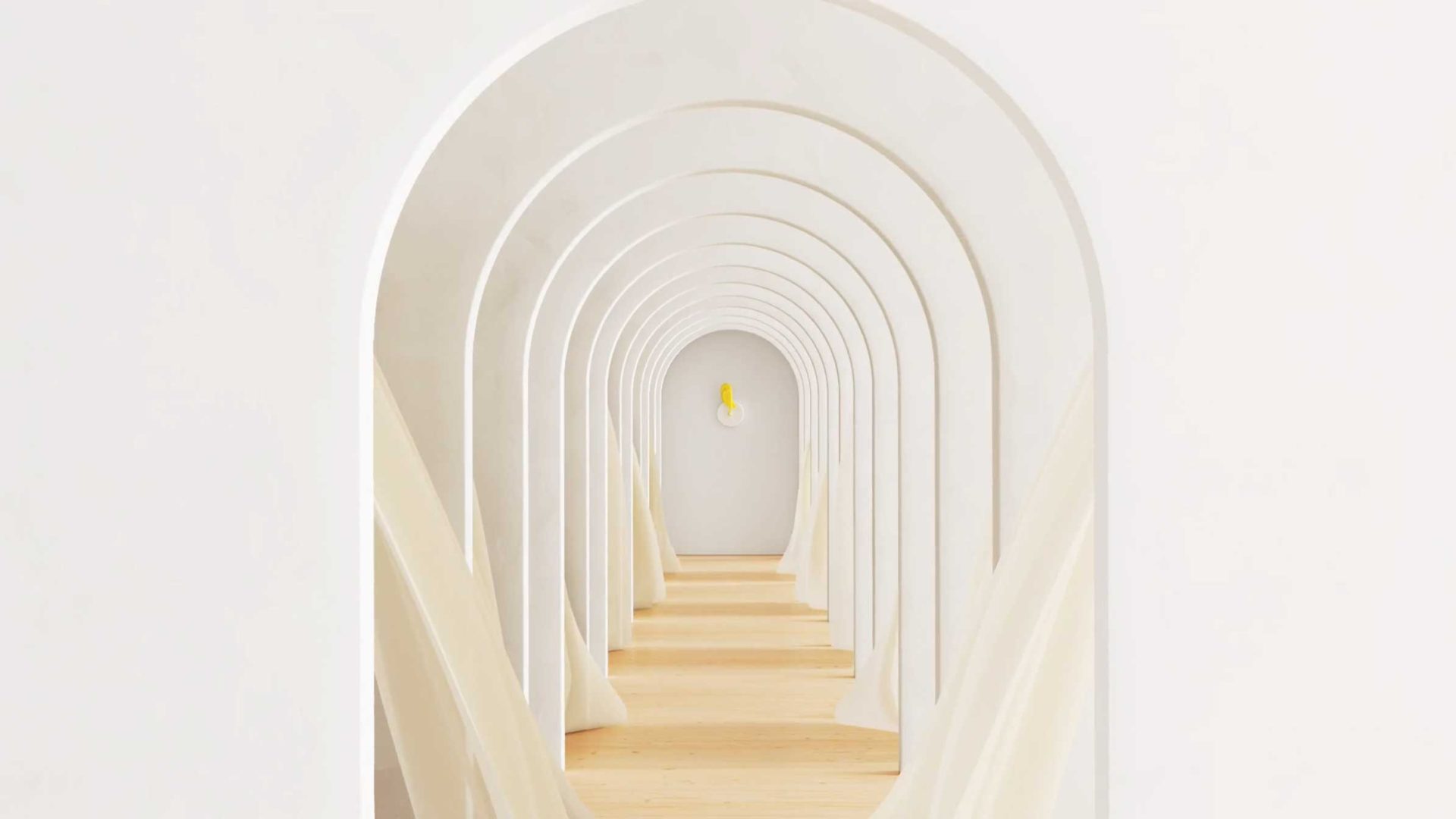 A minimalist hallway in Copenhagen features a series of white arched doorways, light wooden floors, and sheer white curtains. At the end of the corridor, a small yellow object—possibly inspired by Ribbit—stands out on the far wall. Frame from Stash Magazine article.