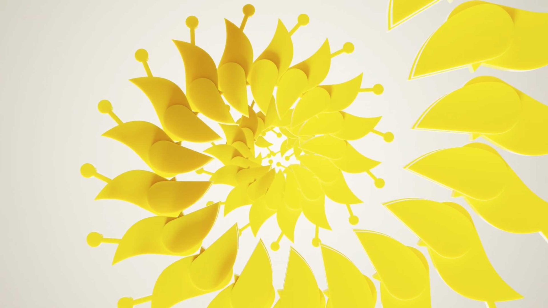 Abstract spiral pattern of bright yellow leaf-like shapes radiating outward on a pale background, evoking the vibrant energy of Birdie Brand Film and the dynamic spirit of Copenhagen in a symmetrical design. Frame from Stash Magazine article.