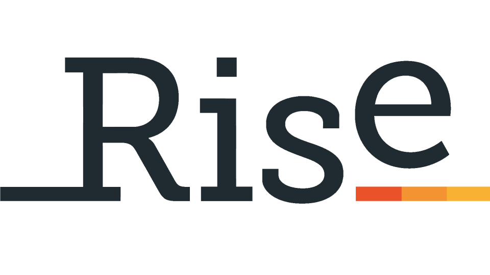 The word Rise Upskill - Applications Now Open in bold, black letters, with three horizontal orange and yellow bars beneath the letter e on a white background. Frame from Stash Magazine article.