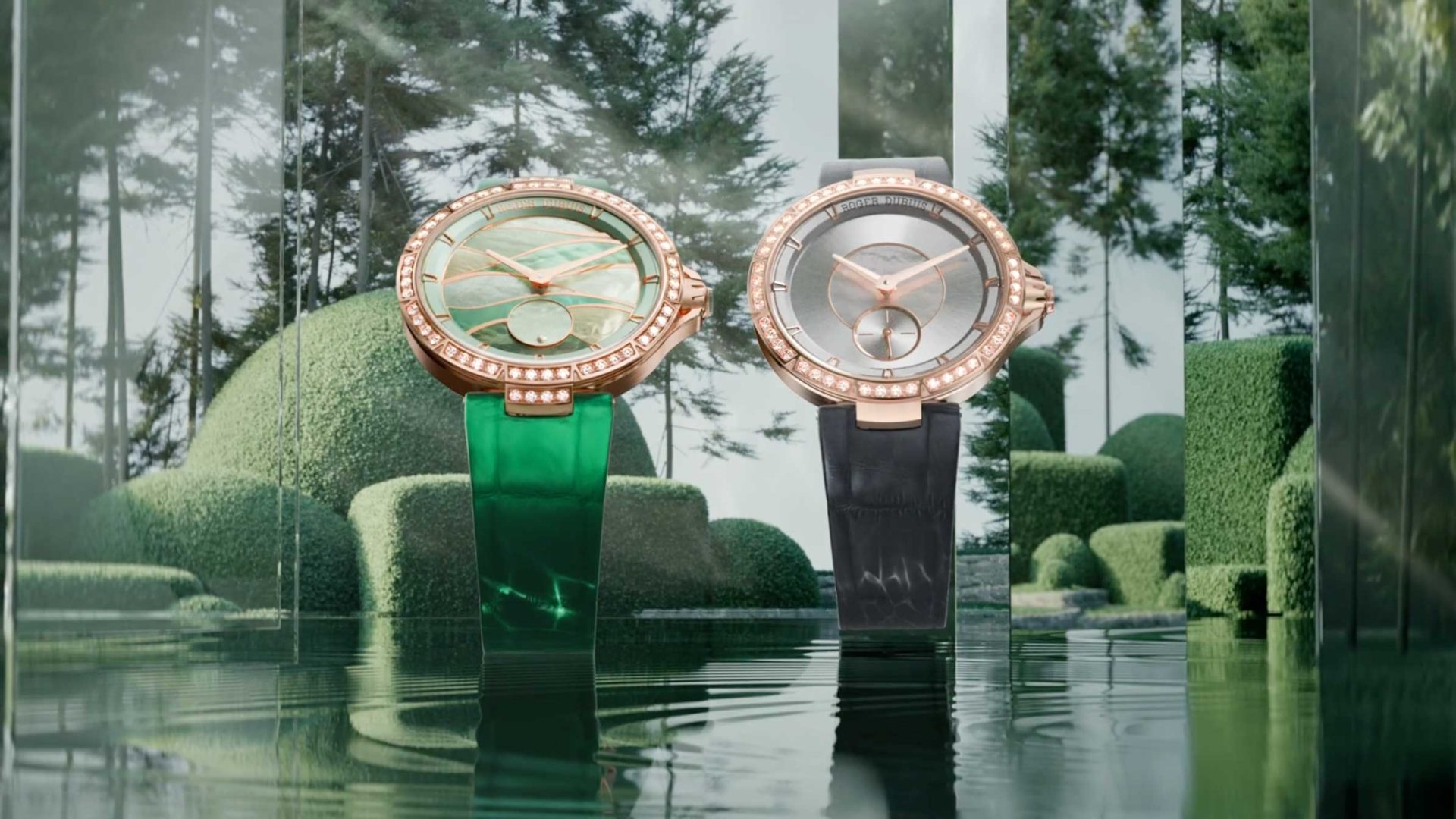 Two luxury wristwatches, including the Roger Dubuis Lady of the Lake watch launch by le truc, feature diamond-studded bezels and elegant straps, showcased against a lush garden and glassy water backdrop. Frame from Stash Magazine article.