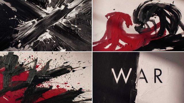 A four-paneled collage of abstract oil paintings in red, black, and white by Ronnie Koff, with the final panel featuring the word WAR in white capital letters. Frame from Stash Magazine article.