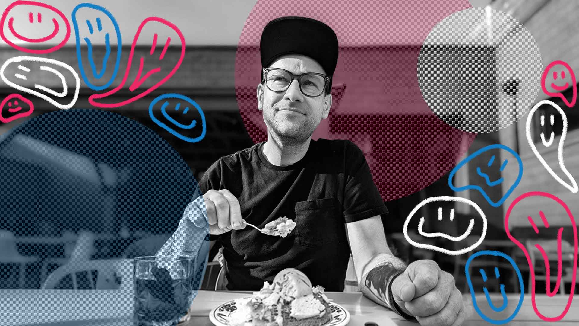 A man in glasses and a cap sits at an outdoor table eating dessert. Colorful, hand-drawn smiley faces and shapes are overlaid on the image, echoing the cheerful vibe as Ryan-Romans-Joins-MAKE-as-Director-of-Creative-Partnerships. Frame from Stash Magazine article.