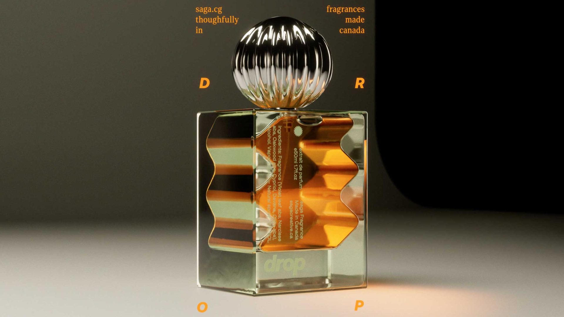 A glass perfume bottle with an ornate, round silver cap stands on a reflective surface. The bottle contains orange liquid and “drop” at its base. In the background, orange text reads: fragrances made in Canada for the SAGA studio launch film. Frame from Stash Magazine article.
