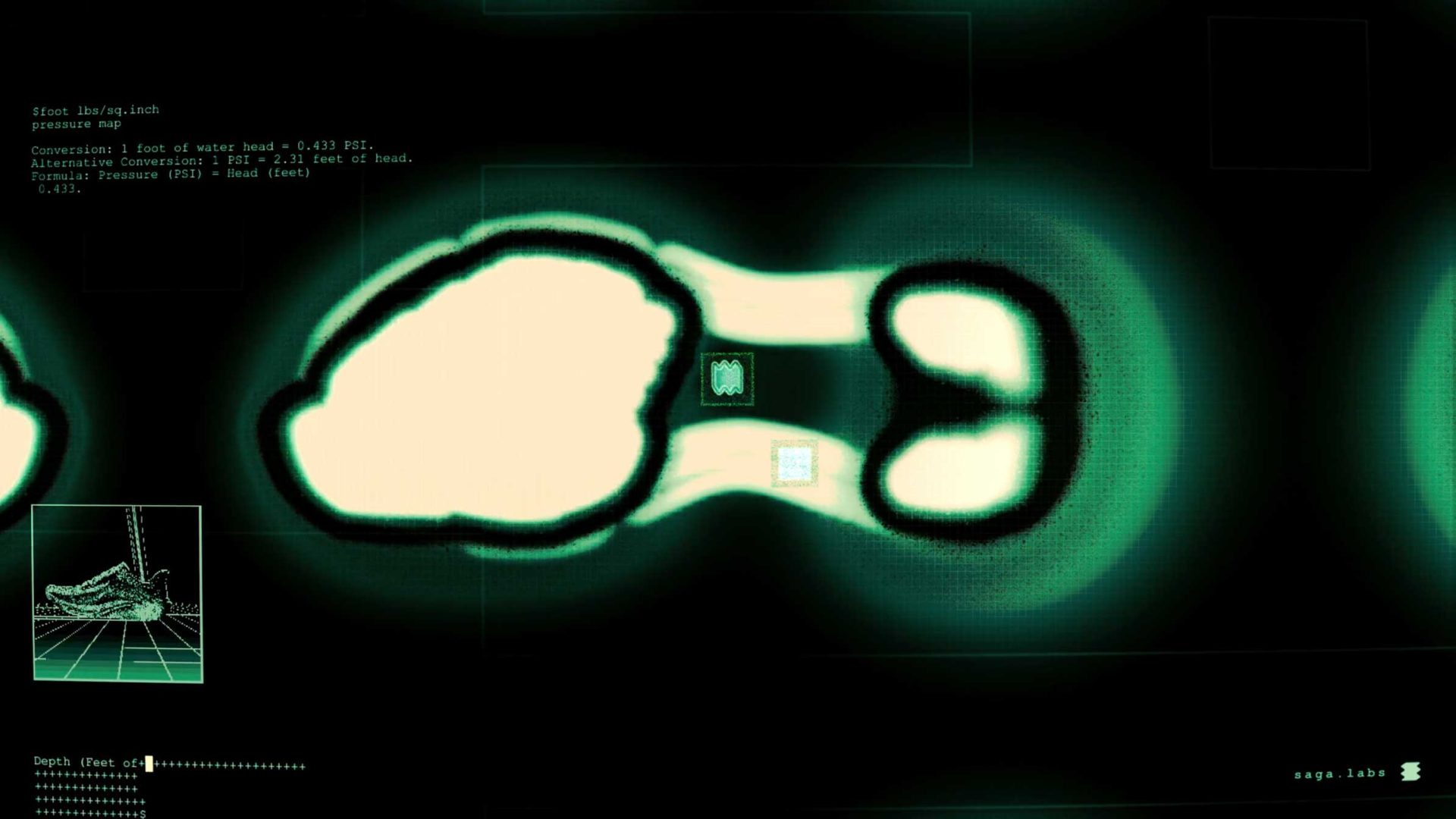 An abstract, green-tinted digital scan shows a shoe’s sole with highlighted pressure points and small data displays, reminiscent of a scientific interface—echoing the innovative visuals found in the SAGA studio launch film. Frame from Stash Magazine article.