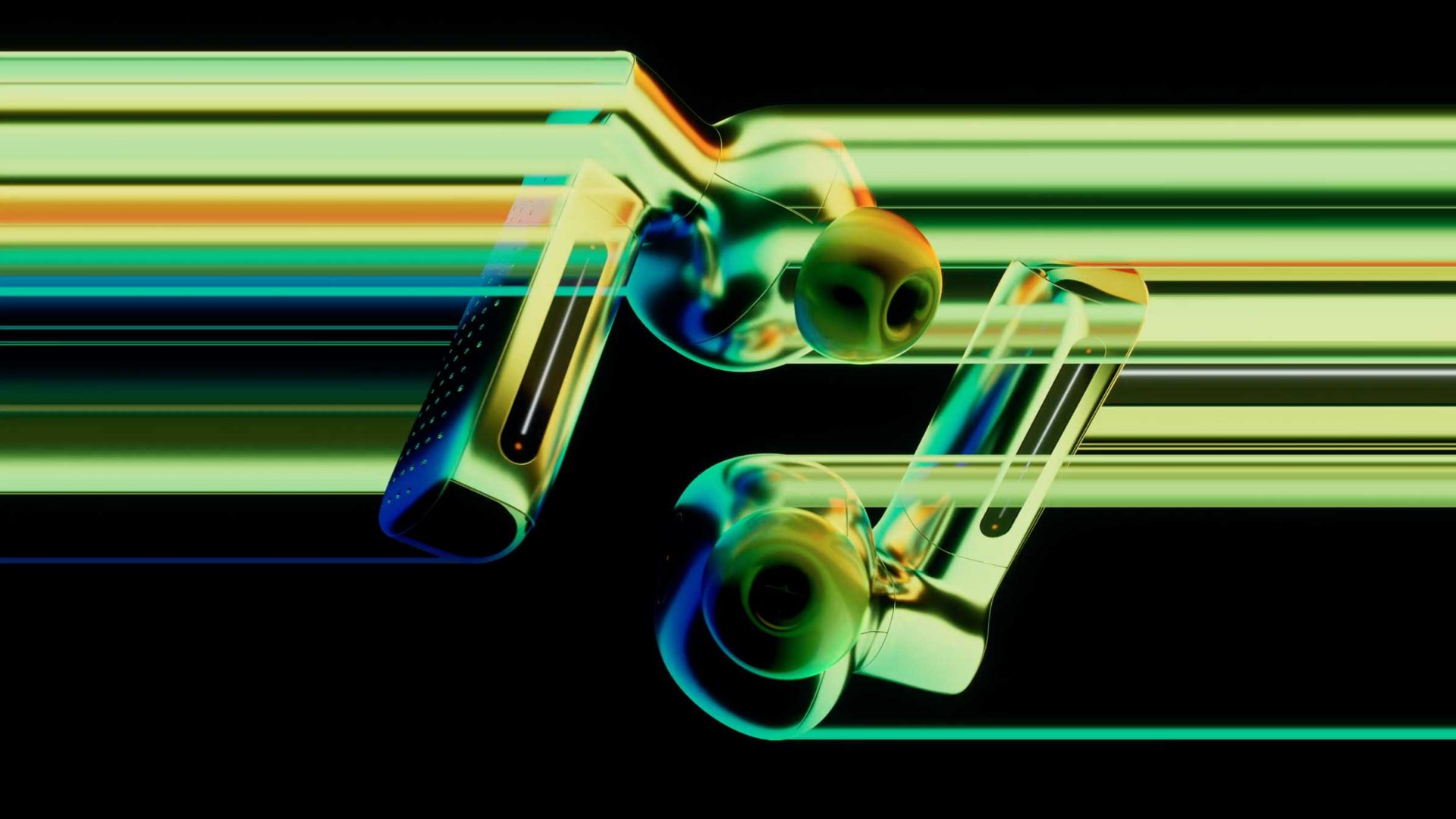 Two wireless earbuds with a metallic, futuristic design appear to be in motion, surrounded by streaks of neon green, yellow, and blue light against a black background—capturing the high-energy vibe of the SAGA studio launch film. Frame from Stash Magazine article.