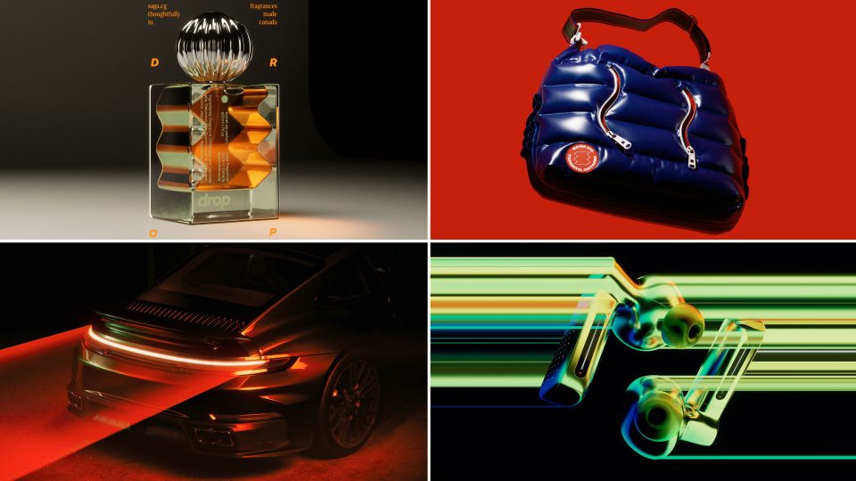 A collage of four futuristic images: a geometric perfume bottle, a shiny blue purse on a red background, a sports car with glowing lights, and abstract shapes with vibrant green and yellow light trails—capturing the bold spirit of SAGA. Frame from Stash Magazine article.