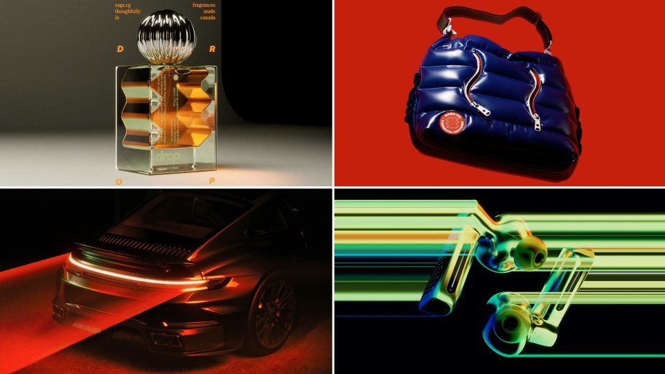 A collage of four futuristic images from the SAGA studio launch film: a geometric perfume bottle, a shiny blue handbag with metal straps, a sleek sports car with glowing red lights, and two abstract headphones with neon green streaks on a black background. Frame from Stash Magazine article.