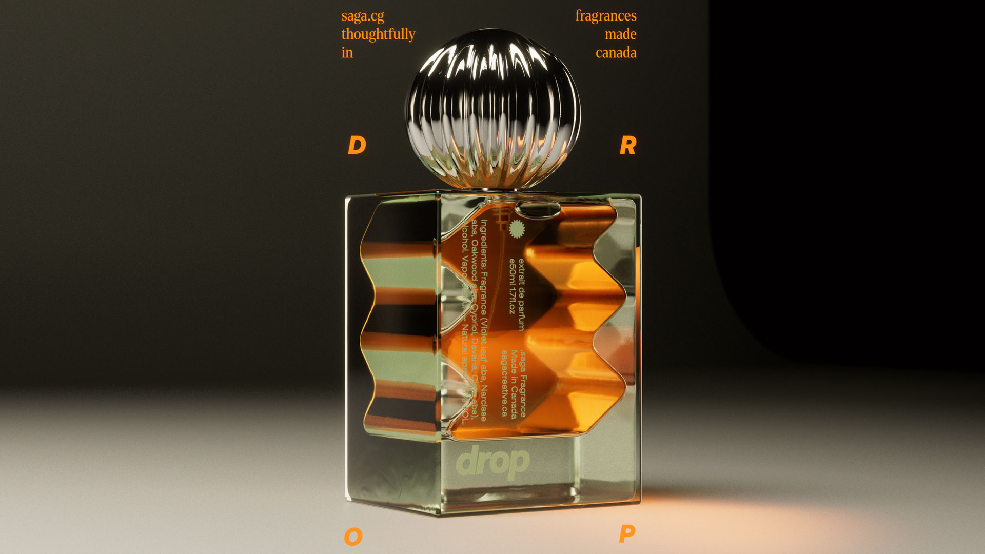 A perfume bottle with a spherical, metallic cap and a wavy, amber inner design stands on a dark surface. "SAGA" and “saag.oc thoughtfully in canada fragrances made” and “drop” appear in orange text around the bottle. Frame from Stash Magazine article.
