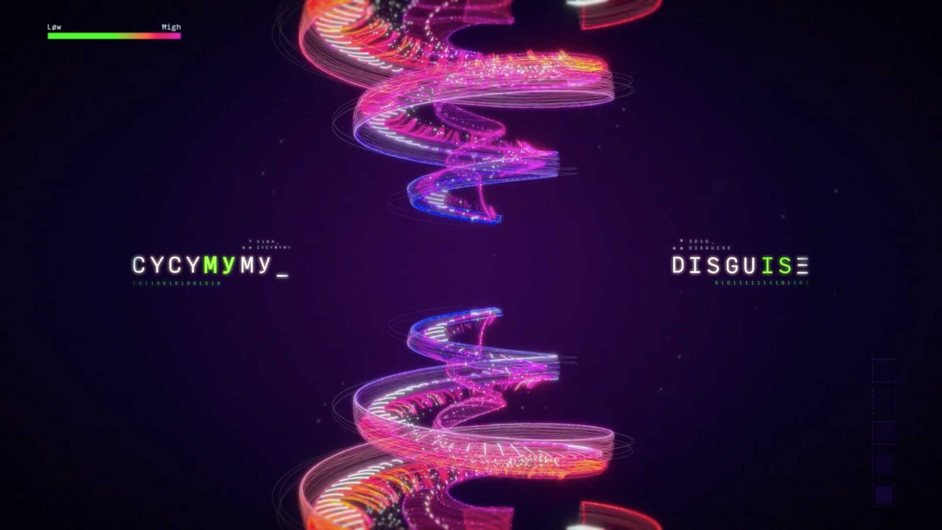 Colorful, glowing, spiral light patterns on a dark background, mirrored vertically. “CYCYMYMY_” and “DISGUISE” appear in futuristic fonts with green highlights. A small bar at the top shows Low to High levels—evoking energy in flux. Frame from Stash Magazine article.