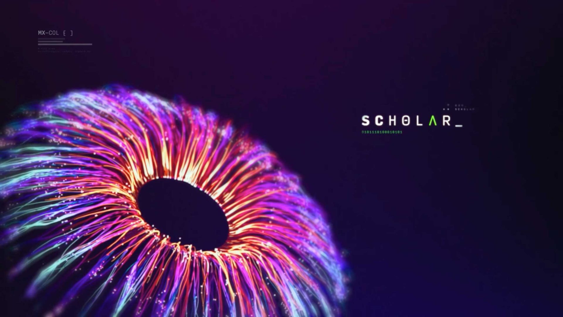 A vibrant, abstract circular shape with glowing, multicolored strands radiates against a dark background, capturing energy in flux. The word SCHØLAR_ appears in white and green text on the right side. Frame from Stash Magazine article.