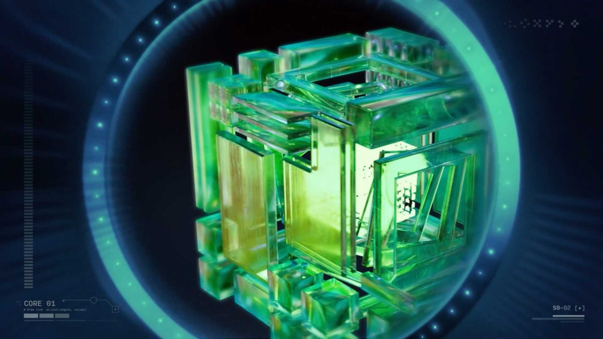 A glowing, green geometric cube structure with layered, transparent panels is centered inside a circular, illuminated frame on a dark background, evoking futuristic technology and the innovative spirit of SCAD’s Energy in Flux at CoMotion 2026. Frame from Stash Magazine article.