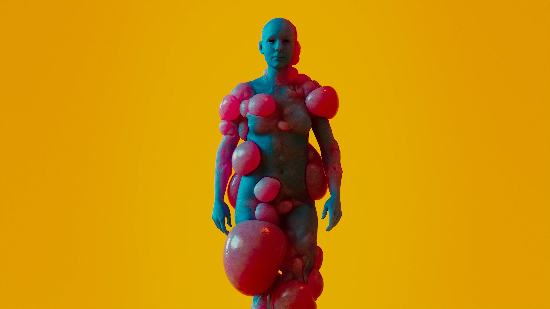 A blue, bald human figure stands against a yellow background, covered in large, shiny, pinkish-red bubble-like growths on various parts of its body—reminiscent of the mesmerizing visuals found in Kouhei Nakama’s CG film SWELL. Frame from Stash Magazine article.