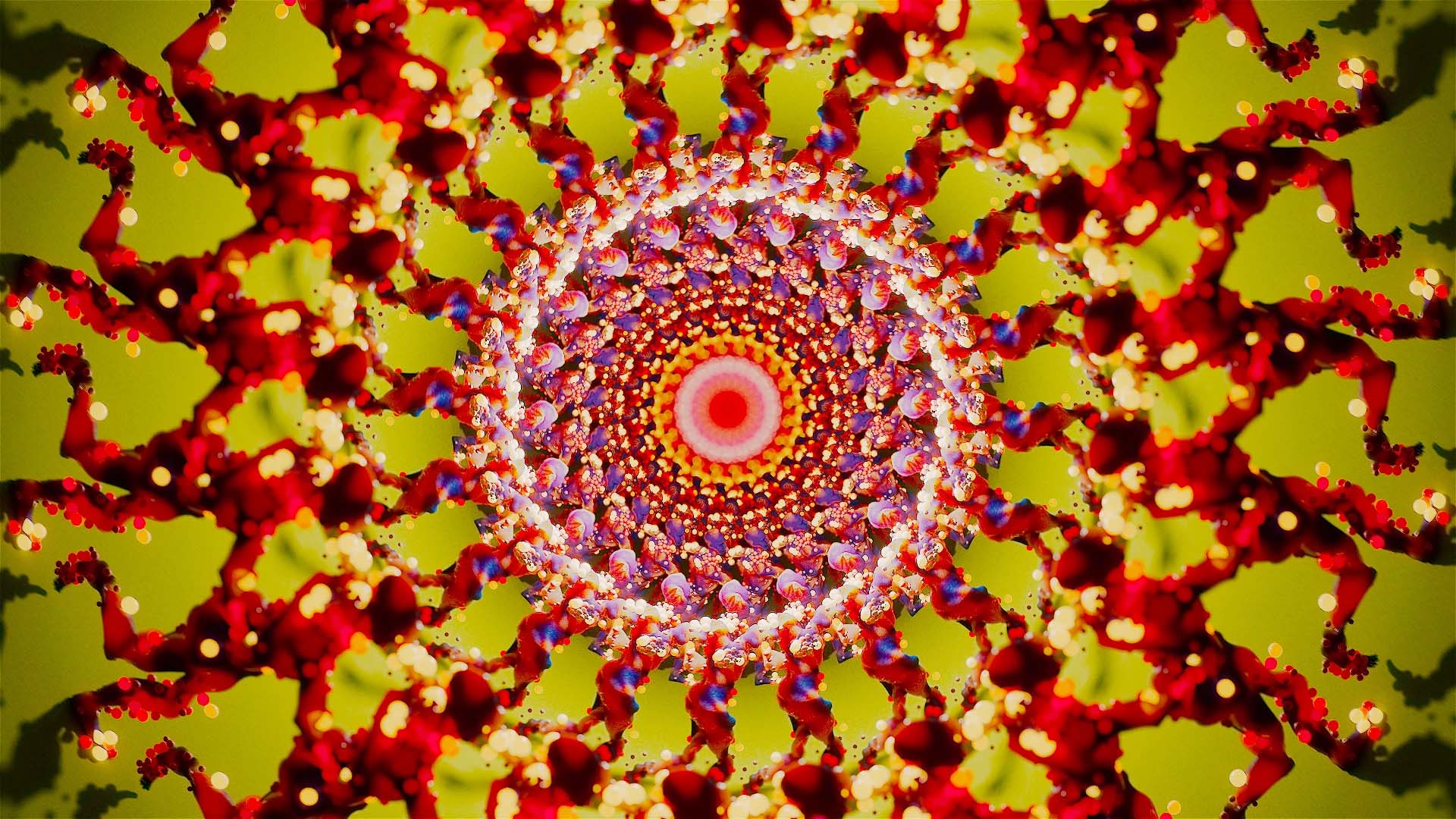 A vibrant, kaleidoscopic spiral with red, orange, and purple patterns radiates from a central point, set against a yellow-green background. Reminiscent of Kouhei Nakama’s mesmerizing visual style in his short CG film SWELL, the design creates a hypnotic, swirling visual effect. Frame from Stash Magazine article.