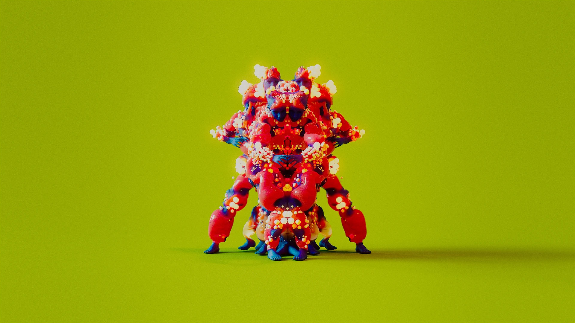 A colorful, abstract 3D creature with red, blue, and white bulbous shapes stands centered on a bright green background. Reminiscent of the playful and surreal designs found in Kouhei Nakama’s short CG film SWELL, the creature appears symmetrical and stacked, featuring multiple limbs that add to its whimsical character. Frame from Stash Magazine article.