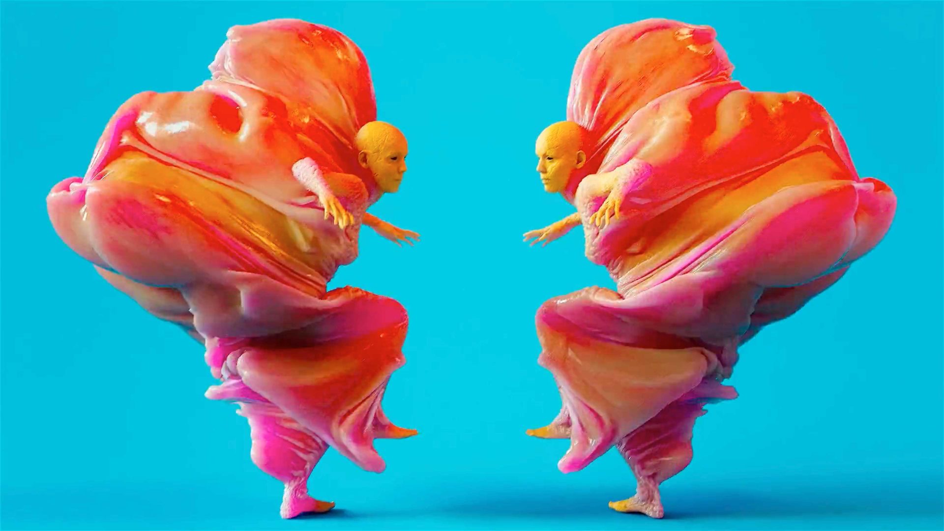 Two humanoid figures with bright orange and pink flowing, abstract costumes face each other, set against a solid blue background—a striking visual reminiscent of Kouhei Nakama’s short film “SWELL.”. Frame from Stash Magazine article.