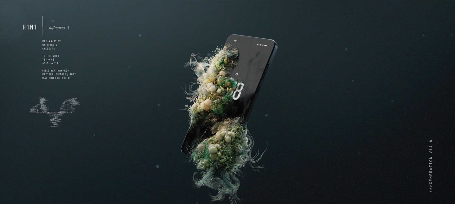A black smartphone floats in darkness, partially covered with surreal growths of greenish moss. White technical text and faint DNA-like graphics evoke Dimitrios Sakkas Tomakti Studio’s style for "The Invisible Everyday" brand films for Income Insurance Singapore. Frame from Stash Magazine article.