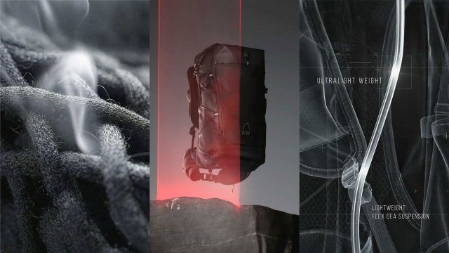 A triptych: close-up of VEIG breathable fabric on the left, a Sierra Designs TENAYA PACK 45L suspended over a rock in the center, and a technical illustration of lightweight, flexible suspension material on the right. Frame from Stash Magazine article.