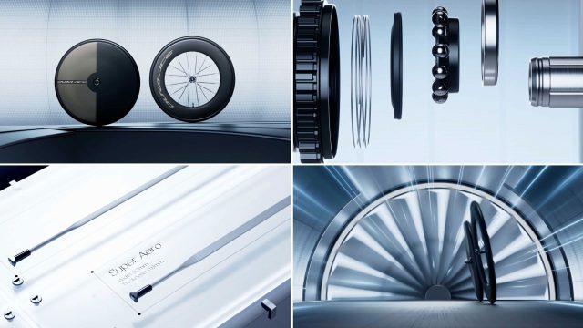A split image showing sleek, modern bicycle wheels, close-ups of wheel components—highlighting Shimano DURA-ACE precision—a labeled Super Aero plaque, and two wheels in a futuristic tunnel. Frame from Stash Magazine article.