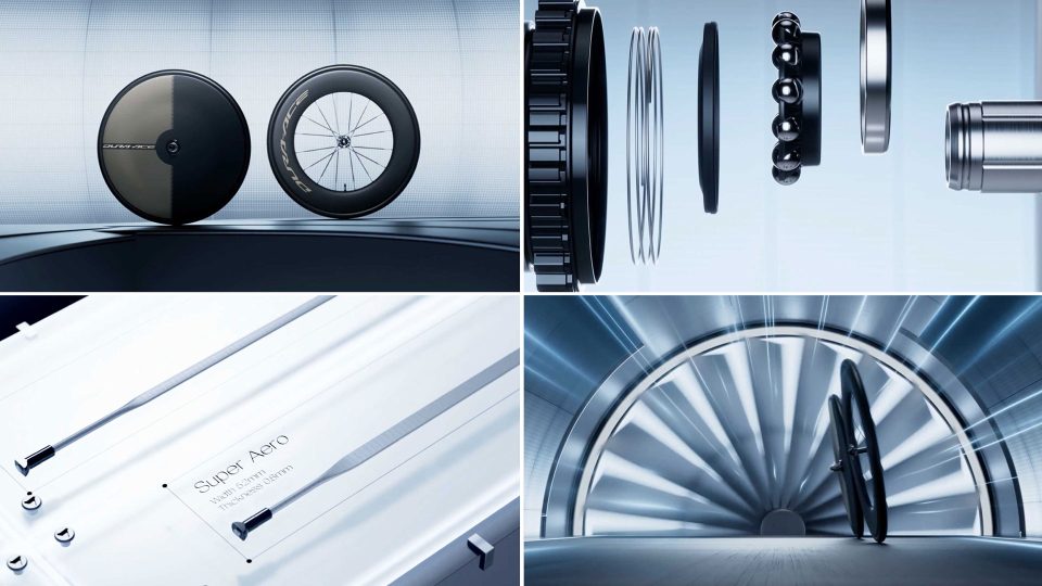 A split image showing sleek, modern bicycle wheels, close-ups of wheel components—highlighting Shimano DURA-ACE precision—a labeled Super Aero plaque, and two wheels in a futuristic tunnel. Frame from Stash Magazine article.