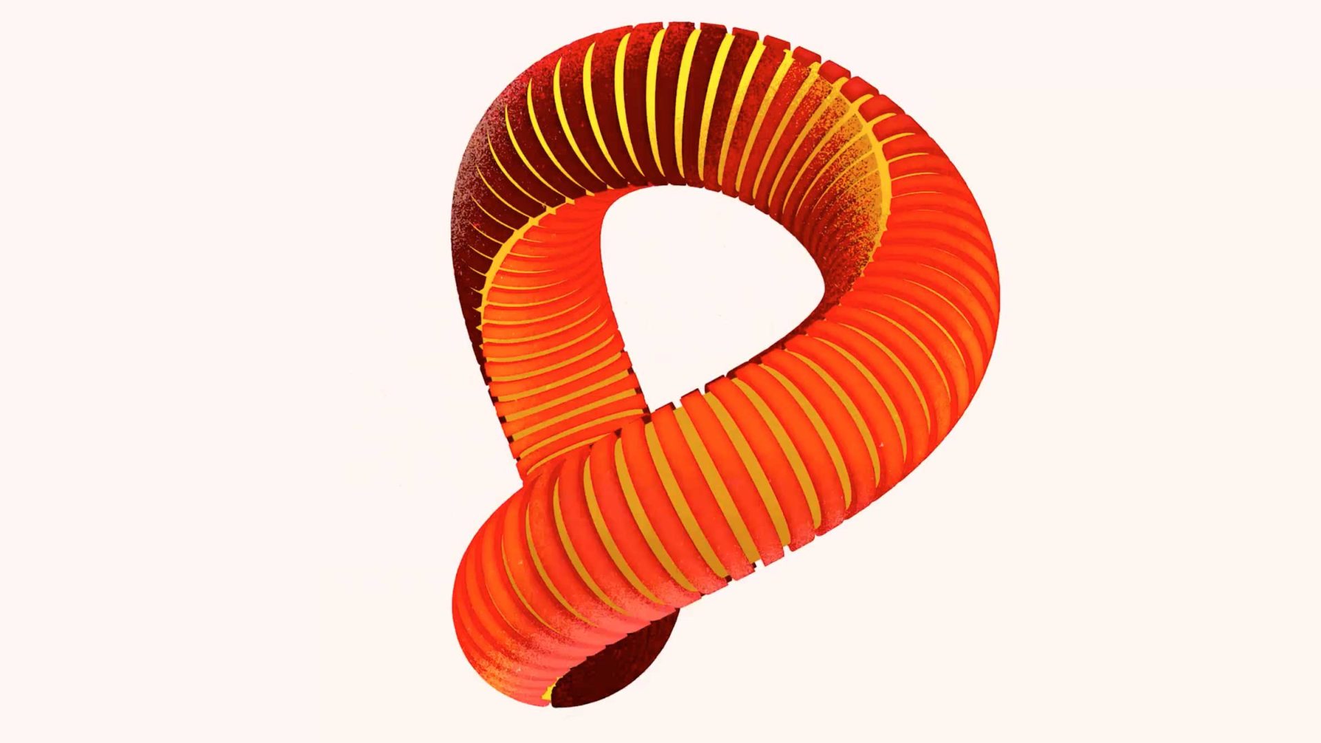 A red and yellow segmented, twisted 3D loop in the style of Hitoshi Morita’s animated short film. Frame from Stash Magazine article.