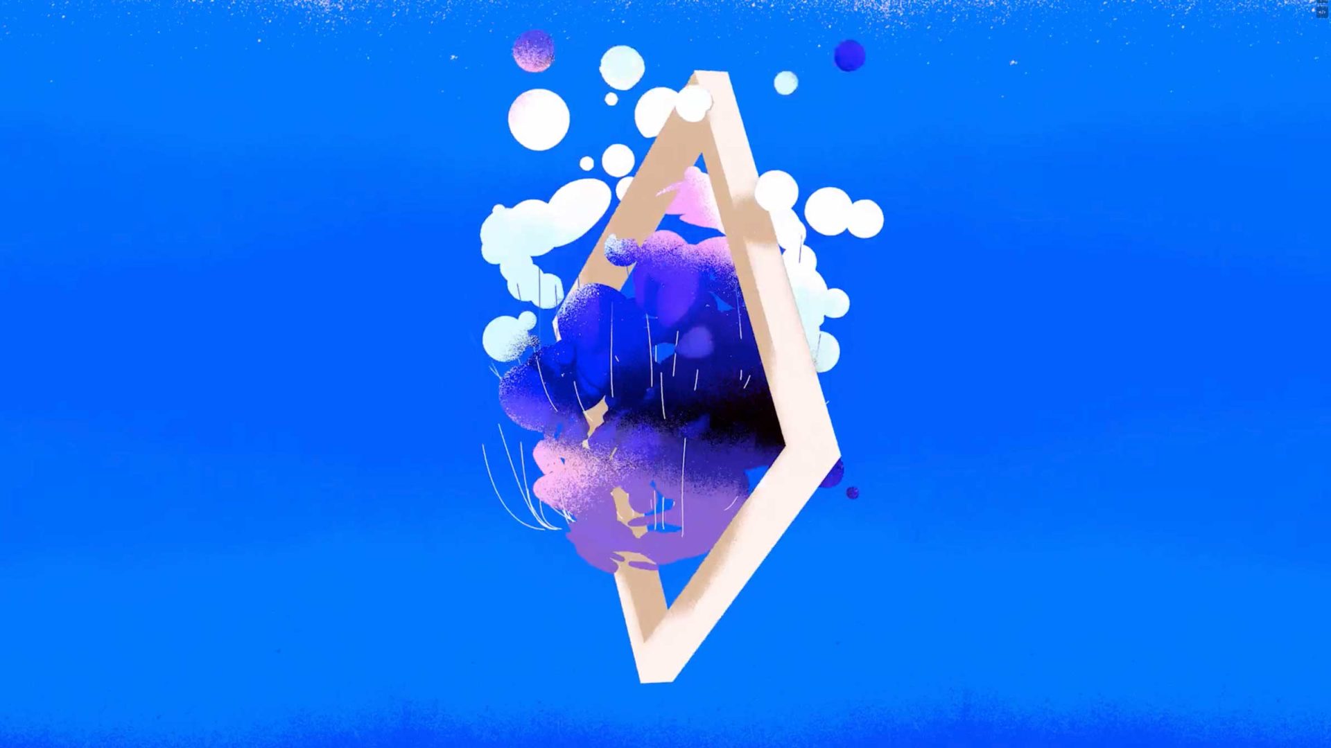 A white diamond-shaped frame surrounds a cluster of floating blue and purple abstract shapes from the animated short film Shiritori against a blue background. Frame from Stash Magazine article.
