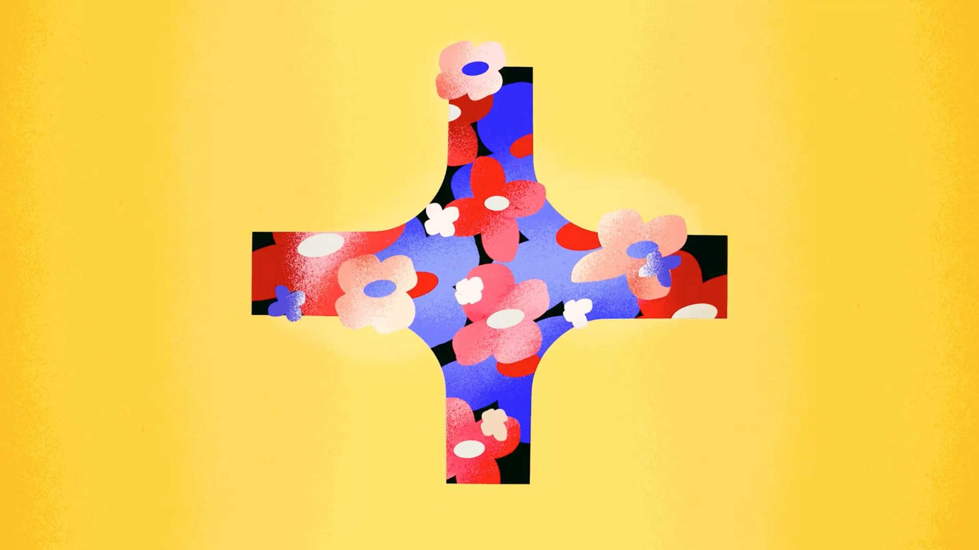A cross shape filled with a pattern of red, blue, and light pink flowers against a yellow background, reminiscent of the art style in Hitoshi Morita’s Shiritori. Frame from Stash Magazine article.