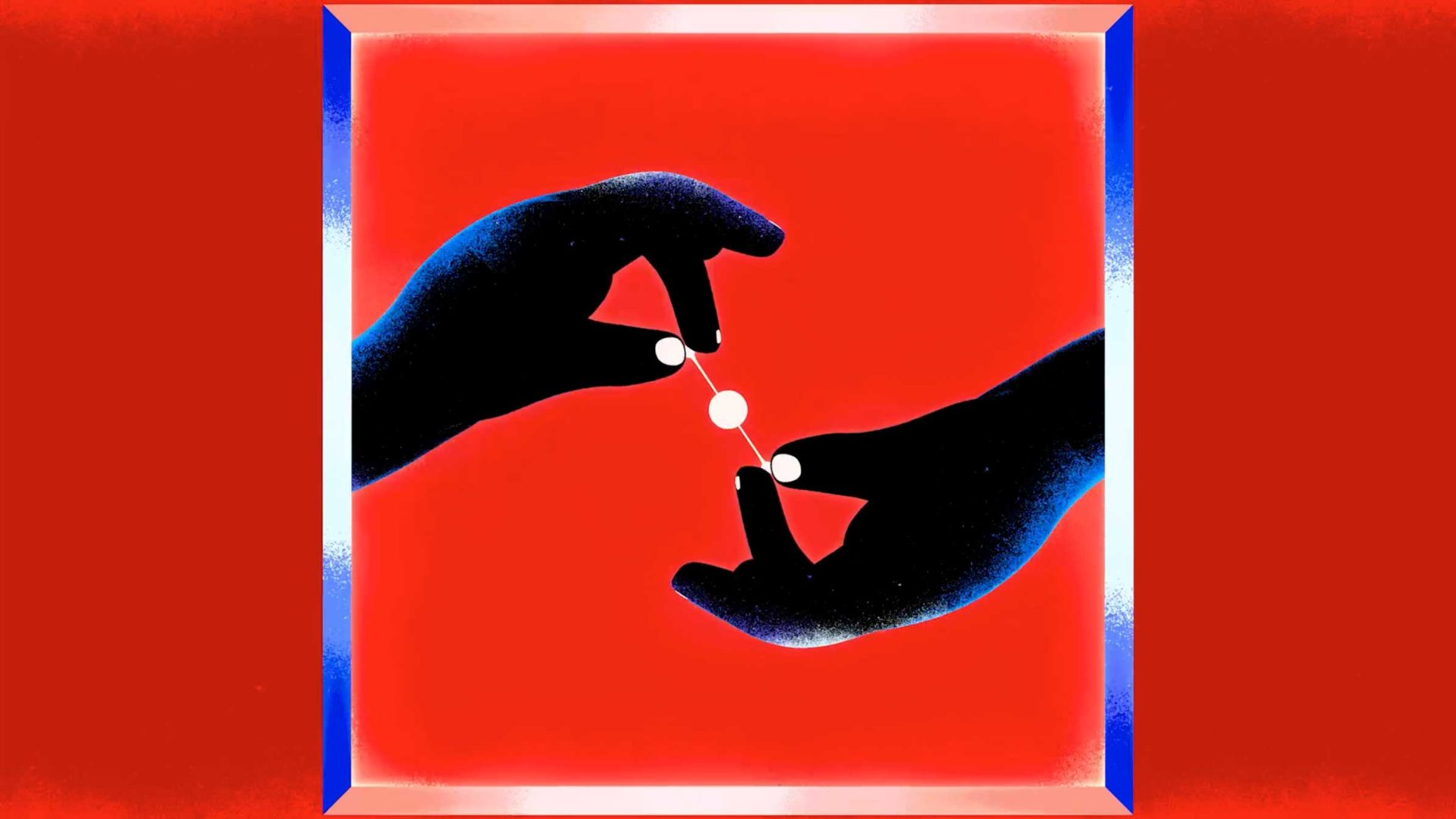 Two dark, silhouette-style hands from the animated short film Shiritori reach toward each other to connect a thin string with three white circles against a red background. Frame from Stash Magazine article.