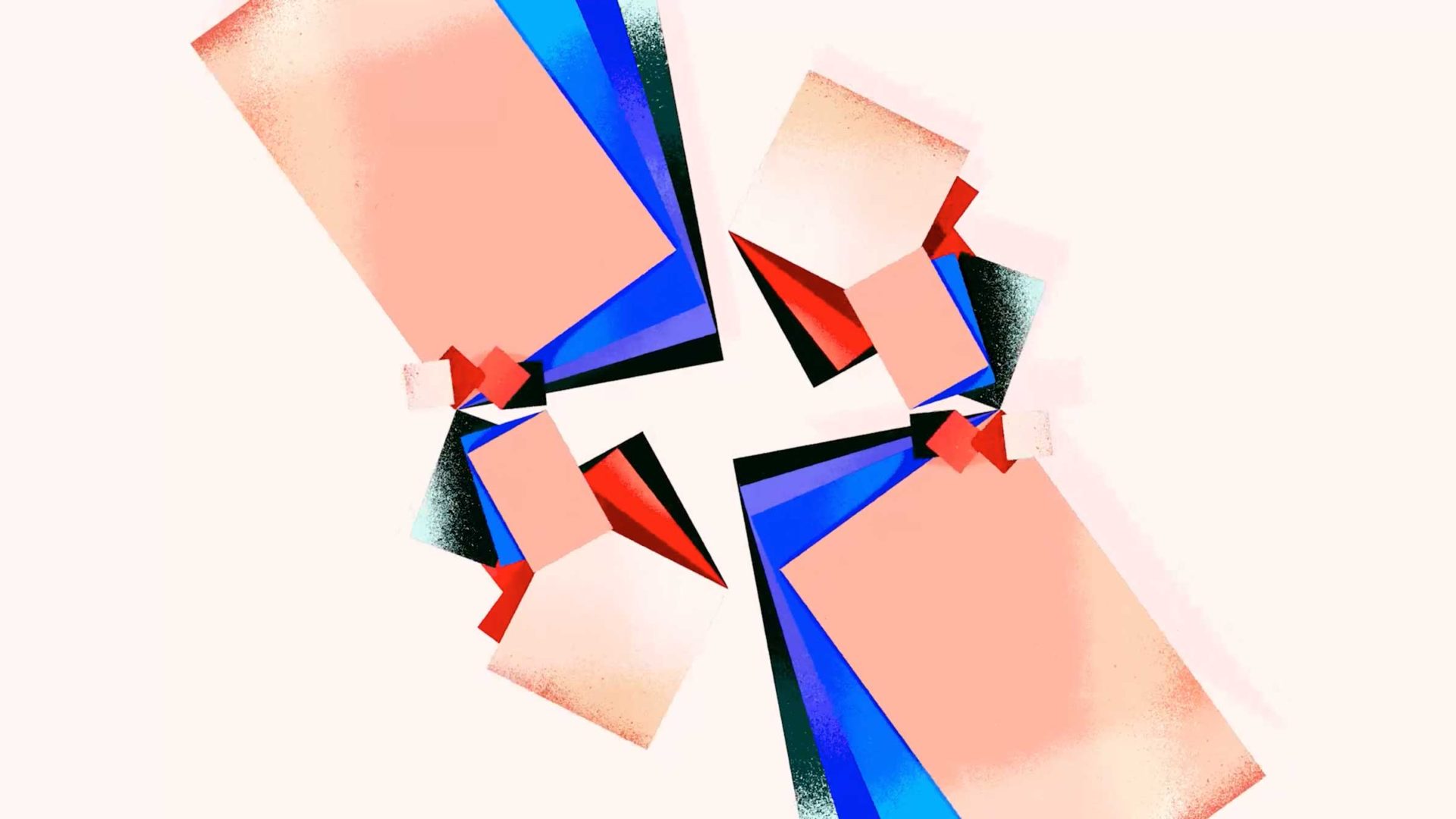 An abstract composition of overlapping peach, blue, black, and red rectangles arranged in a symmetrical, cross-like pattern, reminiscent of the visual style in the Shiritori animated short film by Hitoshi Morita. Frame from Stash Magazine article.