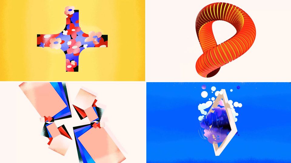 A collage of four abstract graphic designs in the style of the Shiritori animated short film: a plus sign with a floral pattern, a red ribbed looping shape, geometric pink and blue forms, and a diamond frame surrounding blue and purple elements. Frame from Stash Magazine article.