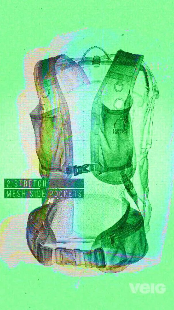 A Sierra Designs TENAYA PACK 45L backpack with mesh side pockets, front straps, and padded shoulder straps is displayed with a green and orange color filter. Text reads: “2 stretch mesh side pockets.”. Frame from Stash Magazine article.
