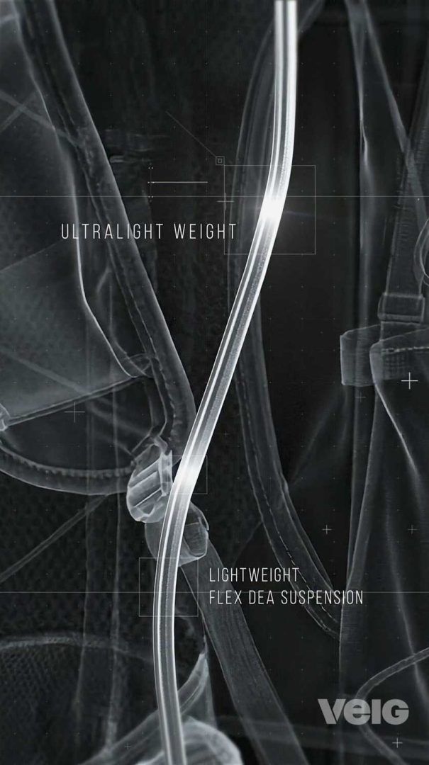 X-ray style image of the TENAYA PACK 45L backpack strap and suspension system, highlighting ultralight weight and lightweight flex suspension features, with technical text overlay and the Sierra Designs VEIG logo in the bottom right corner. Frame from Stash Magazine article.