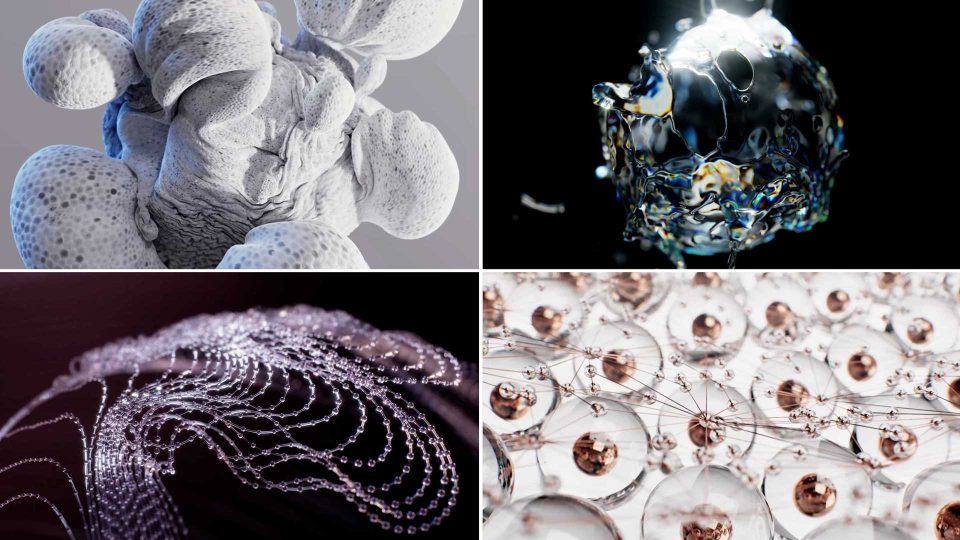 A collage of four abstract images: spongy white structure, a splash of clear liquid, strands of beads, and a network of glass orbs connected by thin wires—evoking the mesmerizing style seen in Spheres demo reel by Vladislav Solovjov. Frame from Stash Magazine article.
