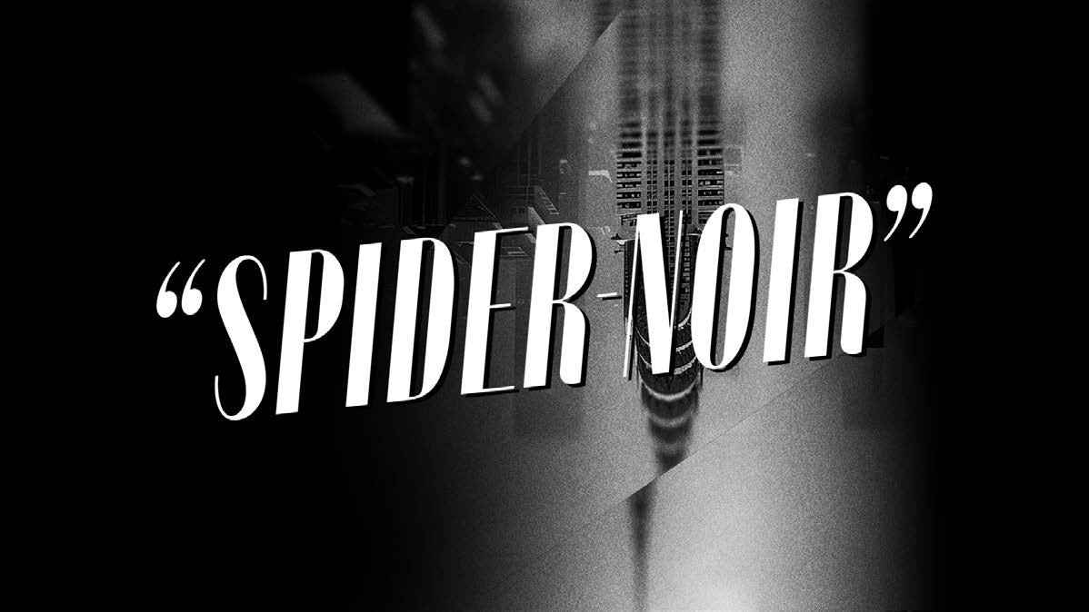 The phrase “SPIDER NOIR” appears in bold, white, stylized letters over a dark, shadowy cityscape with dramatic lighting, creating a mysterious and vintage atmosphere that hints at psychological unraveling—a signature touch reminiscent of Digital Kitchen’s immersive visual storytelling. Frame from Stash Magazine article.