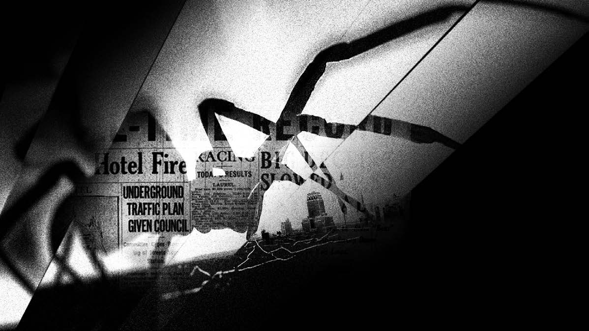Black and white abstract image with jagged cracks overlaying a vintage newspaper featuring headlines about a hotel fire and traffic plan, creating a dramatic, fragmented effect reminiscent of Spider-Noir’s shadowy aesthetic. This composition evokes psychological unraveling, as if reality is splintering through the lens of a moody Digital Kitchen production. Frame from Stash Magazine article.