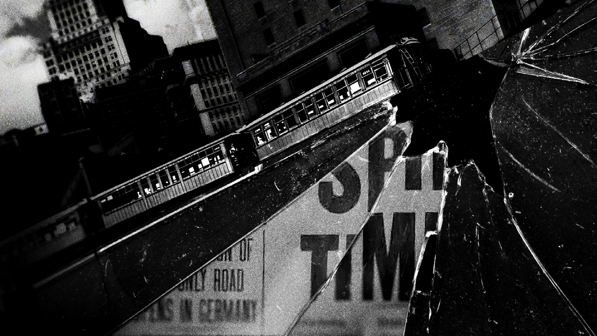 A black-and-white image of a cracked window overlaying city buildings and a train, creating a fragmented and dramatic urban scene reminiscent of Spider-Noir’s moody aesthetic and psychological unraveling. Frame from Stash Magazine article.