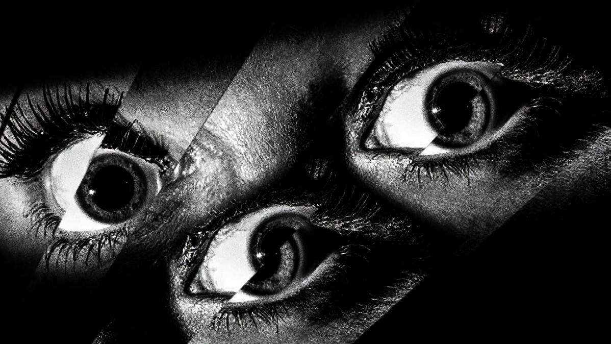 Black and white abstract image showing four eyes overlapping with diagonal lines, creating a surreal and disjointed appearance reminiscent of Spider-Noir. The intense gaze and sharp contrast highlight the dramatic, fragmented composition, evoking a psychological unraveling within this striking visual narrative. Frame from Stash Magazine article.