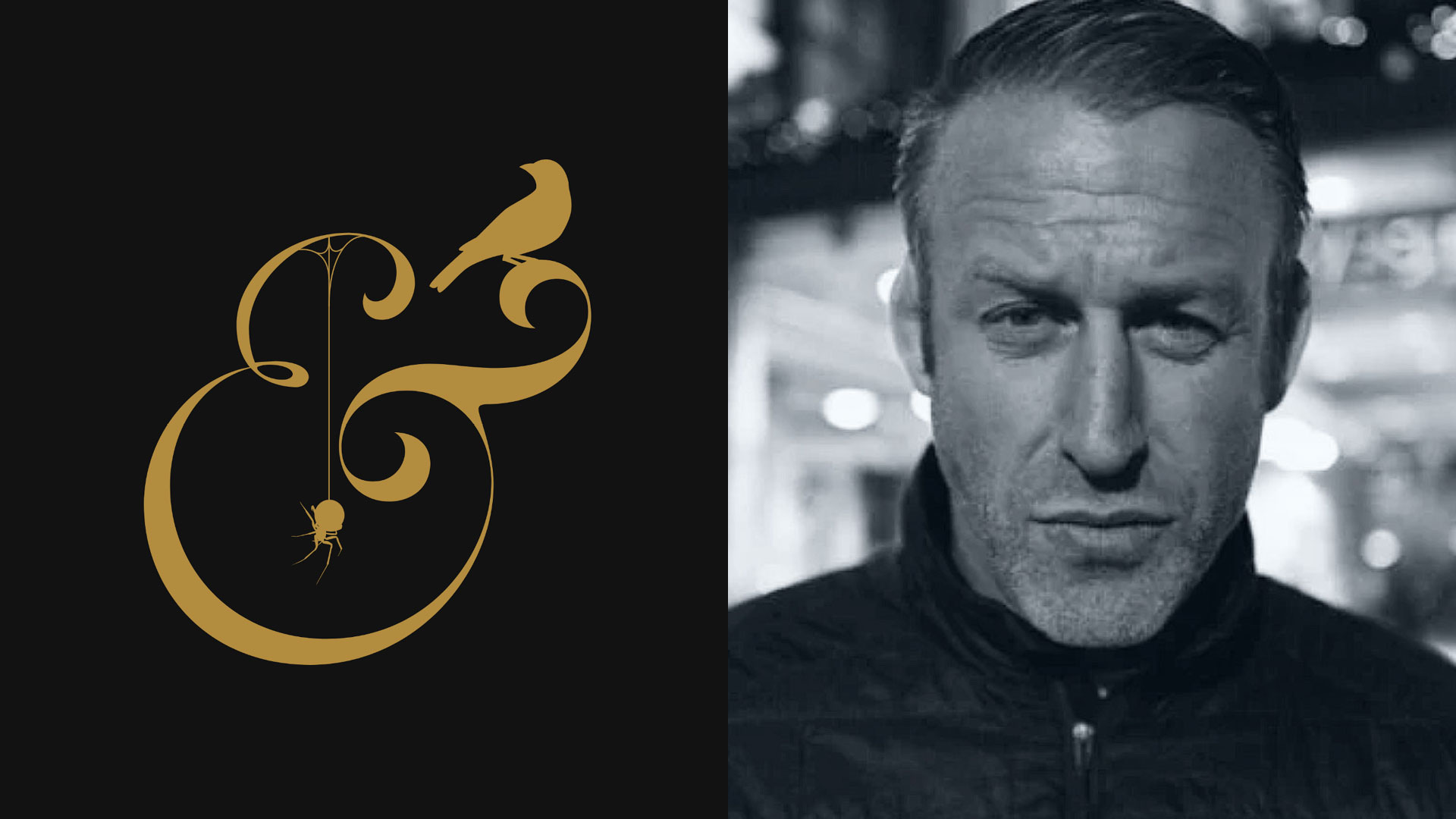 The image is split: on the left, a gold ampersand with a bird perched on top and a spider hanging below on a black background; on the right, a grayscale photo of a man with short hair looking at the camera. Frame from Stash Magazine article.
