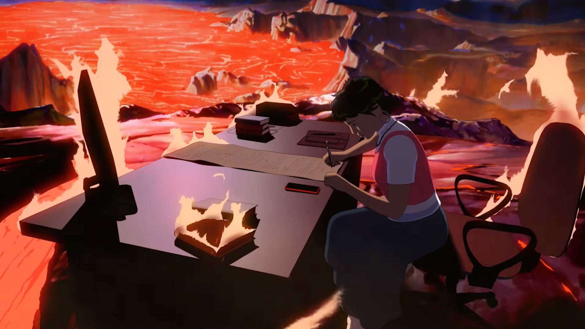 Jocelyn Charles sits at a desk surrounded by flames, writing on paper, with a burning book and phone marked "Spotify Reserved" nearby. Behind her, a fiery, lava-filled landscape stretches into the distance. Frame from Stash Magazine article.