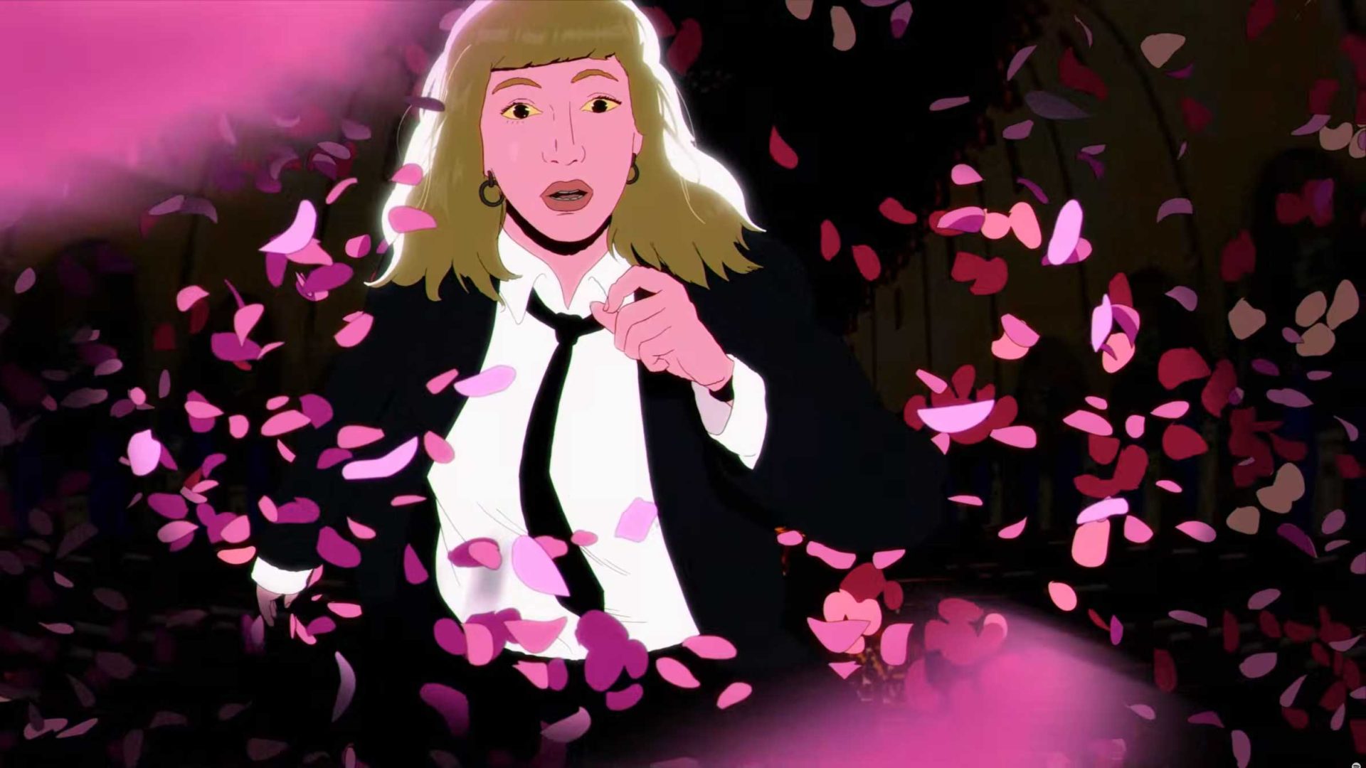 An animated woman with blonde hair in a suit and tie looks surprised as pink flower petals swirl around her, set against a dark background—perfect for fans of Jocelyn Charles or those seeking Spotify Reserved vibes. Frame from Stash Magazine article.