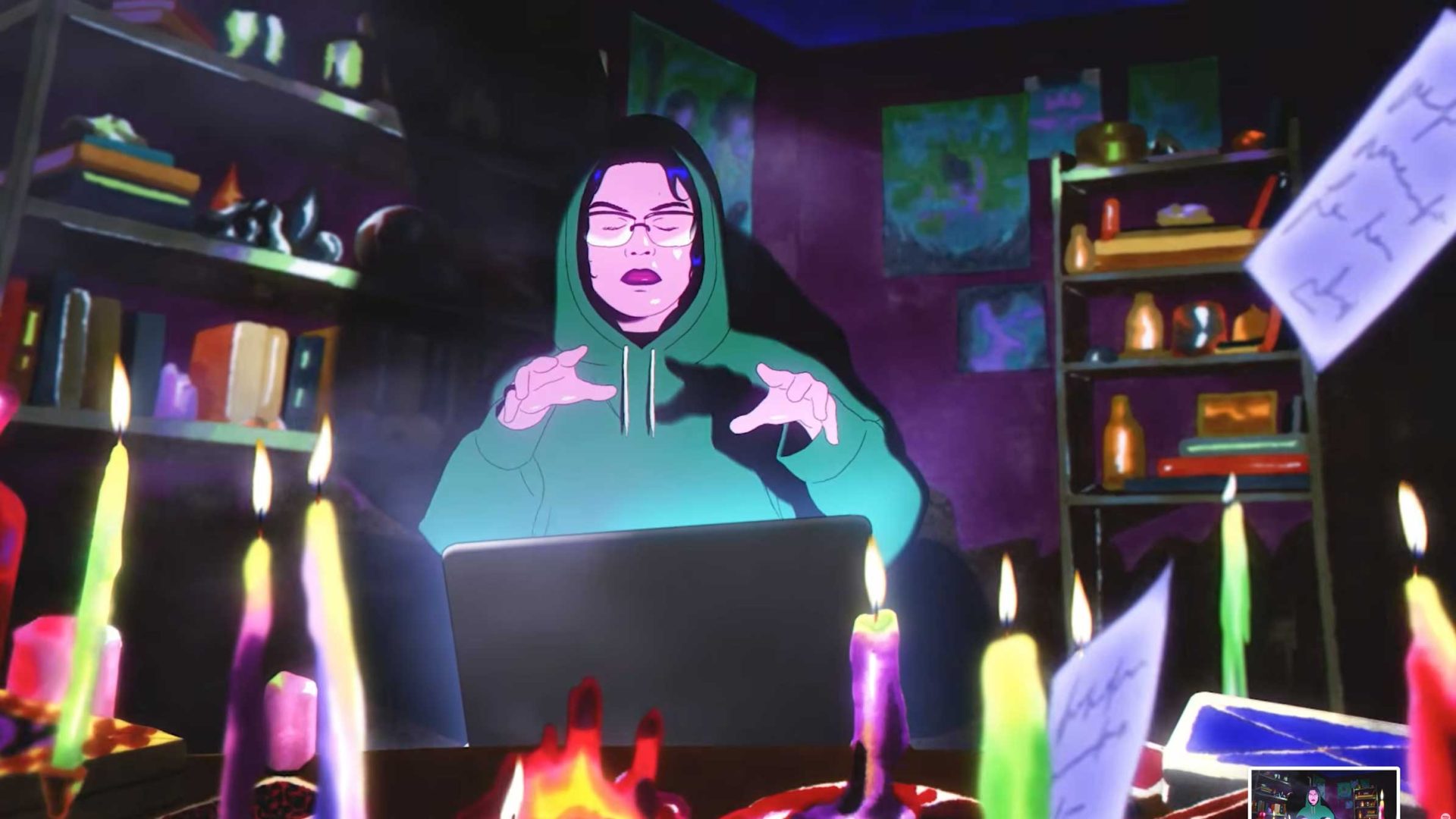 A person in a green hoodie sits at a laptop, hands raised as if casting a spell, surrounded by colorful burning candles and floating papers in a dimly lit room filled with shelves, mystical objects, and Spotify Reserved playlists curated by Jocelyn Charles. Frame from Stash Magazine article.