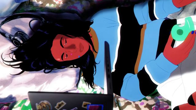 Illustration of a person with long dark hair lying on a bed, holding green tape, resting their head on a pillow, with a sticker-covered laptop nearby. Inspired by the Spotify Reserved animated ad by Jocelyn Charles, the scene feels thoughtful and serene. Frame from Stash Magazine article.