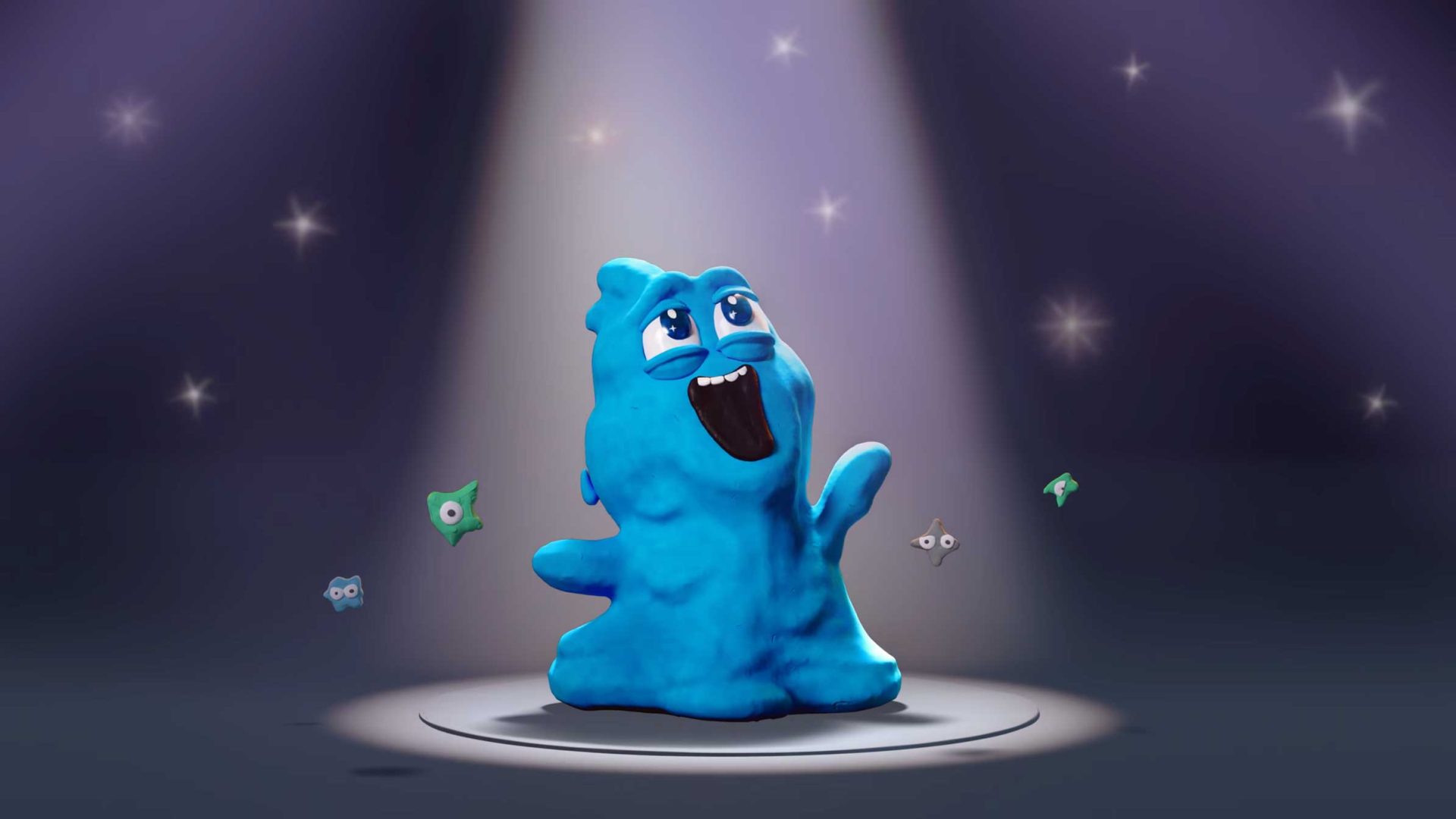 A happy, blue, clay-like creature stands under a spotlight, smiling with arms raised, surrounded by small floating cartoon shapes inspired by Planet Super, set against a dark, starry background. Frame from Stash Magazine article.