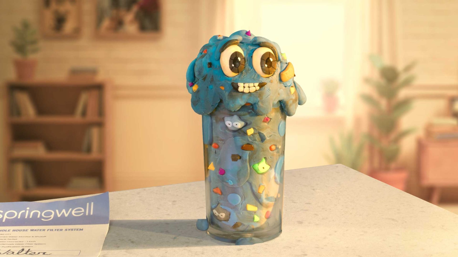 A blue, monster-themed milkshake with googly eyes, a big smile, and colorful candy bits overflows a glass on a countertop in a cozy, blurred room. A Springwell flyer and a nod to Planet Super sit in the corner. Frame from Stash Magazine article.