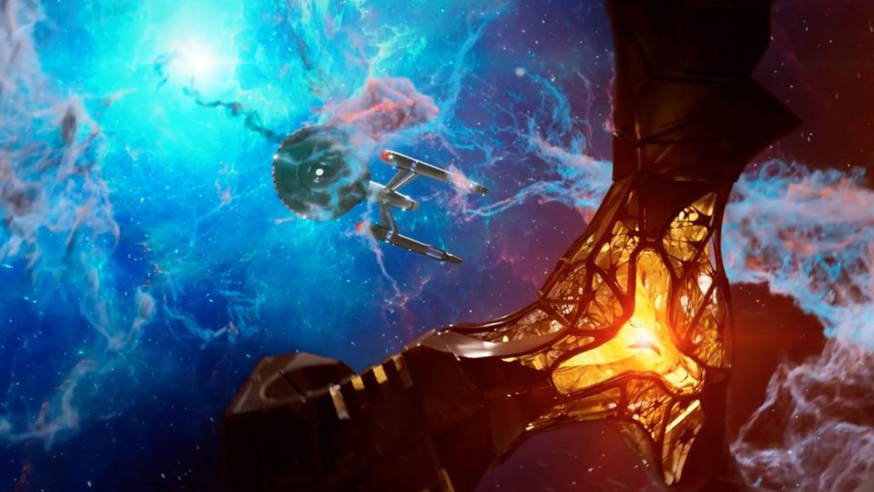 A futuristic spaceship approaches a large, glowing alien structure in space, with vibrant blue and pink nebulae in the background, reminiscent of the cinematic visuals seen in Star-Trek-Strange-New-Worlds-Season-4-Main-Titles-by-Picturemill. Frame from Stash Magazine article.