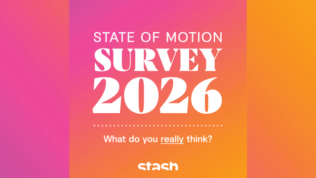 A colorful gradient background features the text: Stash State of Motion Survey 2026 banner_2. What do you really think? Stash your thoughts and let us know. Frame from Stash Magazine article.