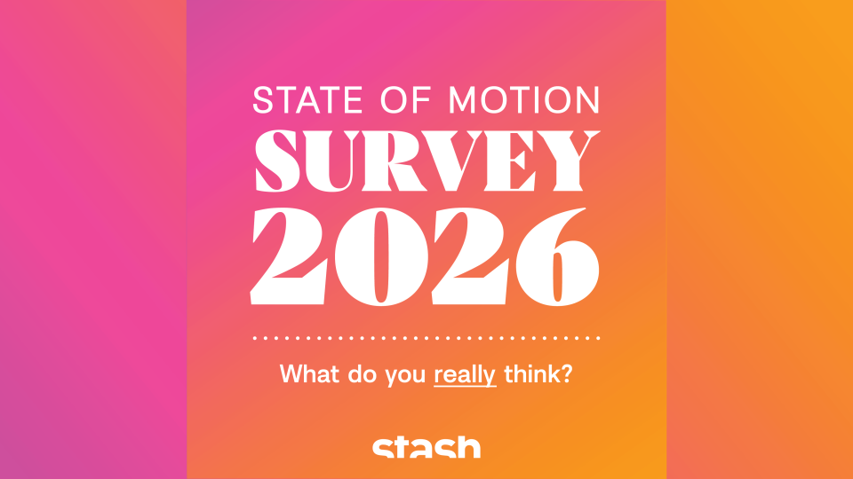 Gradient background with text: Stash State of Motion Survey 2026 banner 16x9, featuring the question “What do you really think?” and the stash logo displayed at the bottom. Frame from Stash Magazine article.