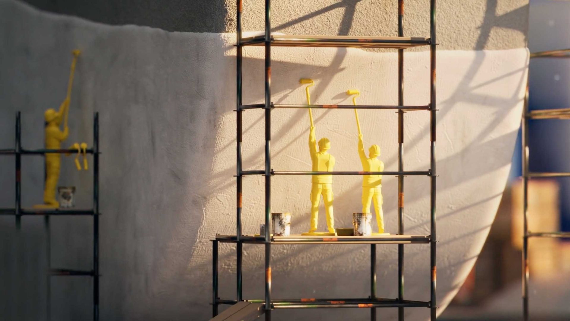 Small yellow plastic figures of painters stand on metal scaffolding, painting a large, curved white wall with paint rollers. Sunlight casts shadows, highlighting the realistic details of this Studio Bump scene that looks freshly under construction. Frame from Stash Magazine article.