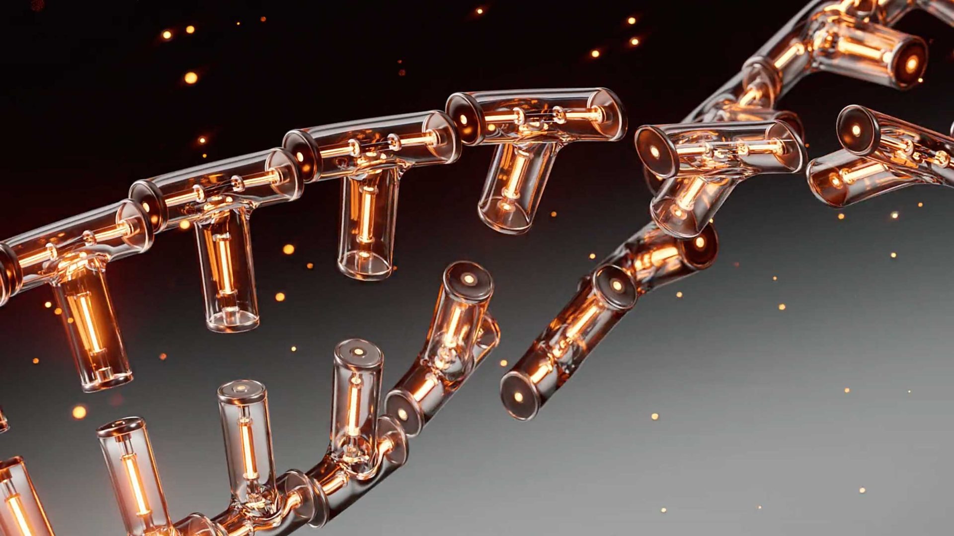 A close-up of a DNA double helix made of glass tubes with glowing orange lights inside, set against a dark background with small floating sparks—an evocative piece that s culpts memory with its luminous design, reminiscent of Reframe Studio’s innovative approach to visual storytelling. Frame from Stash Magazine article.