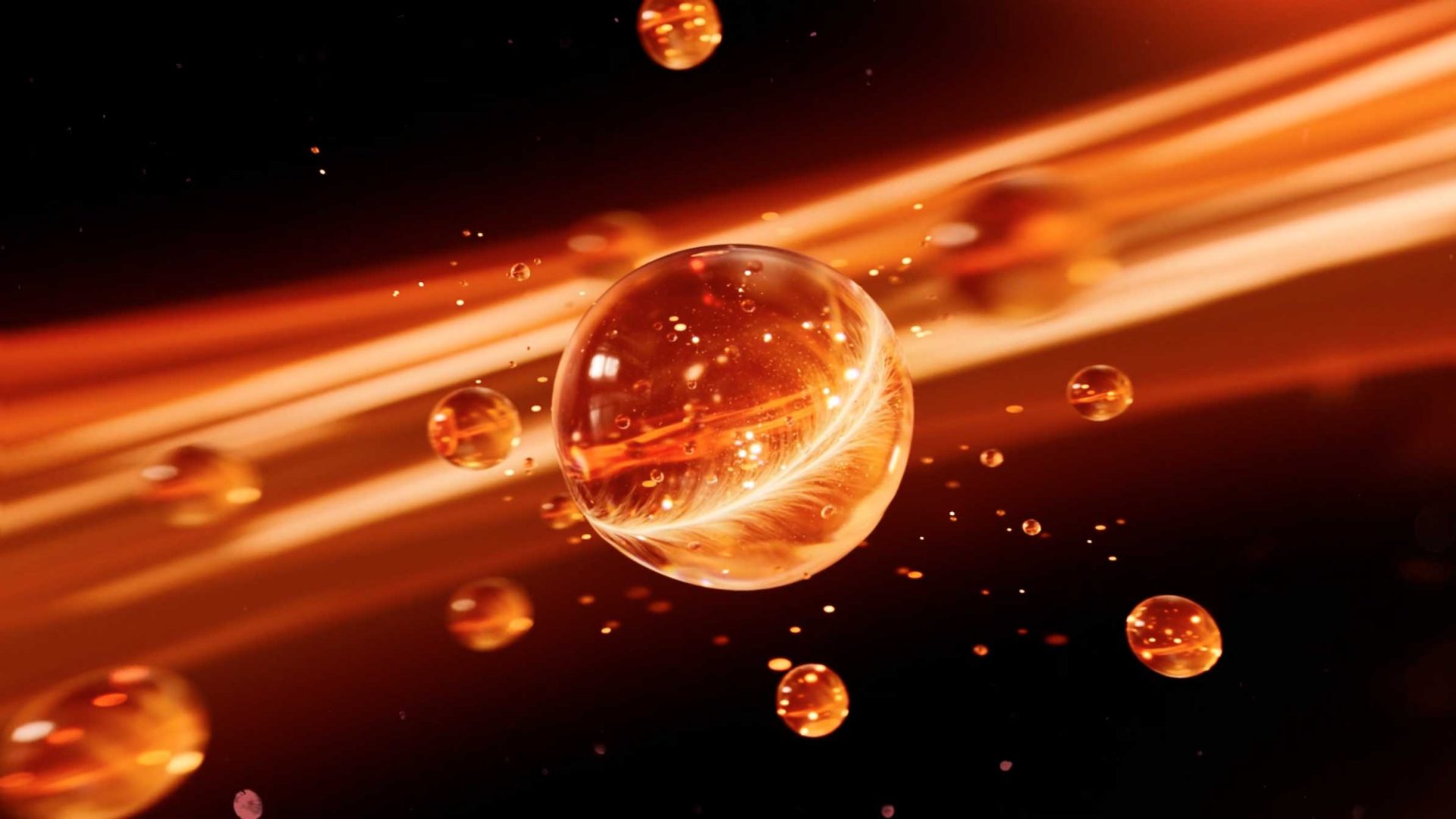 A close-up of floating amber-colored droplets with bright streaks of orange and a dark background, creating an abstract and dynamic effect that evokes a memory reimagined through the artistic lens of Reframe Studio. Frame from Stash Magazine article.